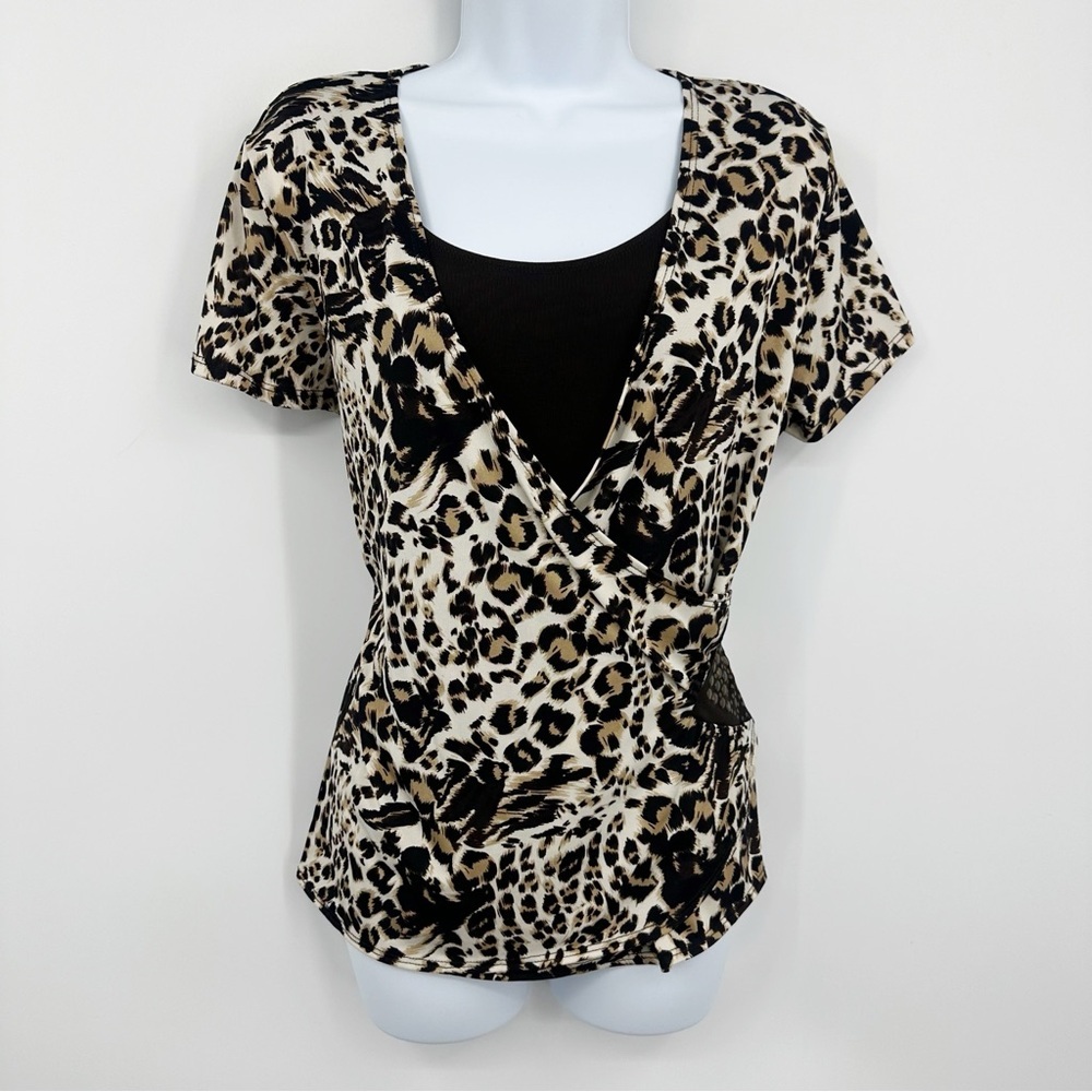 Vintage Y2K Leopard Short Sleeve Shirt Size Large Whimsical V Neck Fairycore